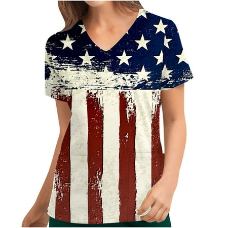 

4th of July Shirts for Women Summer Vintage American Flag Print Short Sleeve V Neck Scrubs Tops Nurse Working Uniforms with Pockets