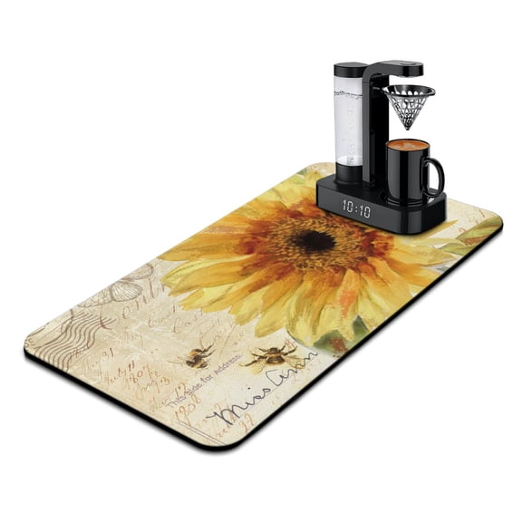 Sunny Sunflower Print Dish Drying Mat, Boho Vintage Floral Coffee Bar Mat, Absorbent Yellow Bloom Kitchen Counter Protector