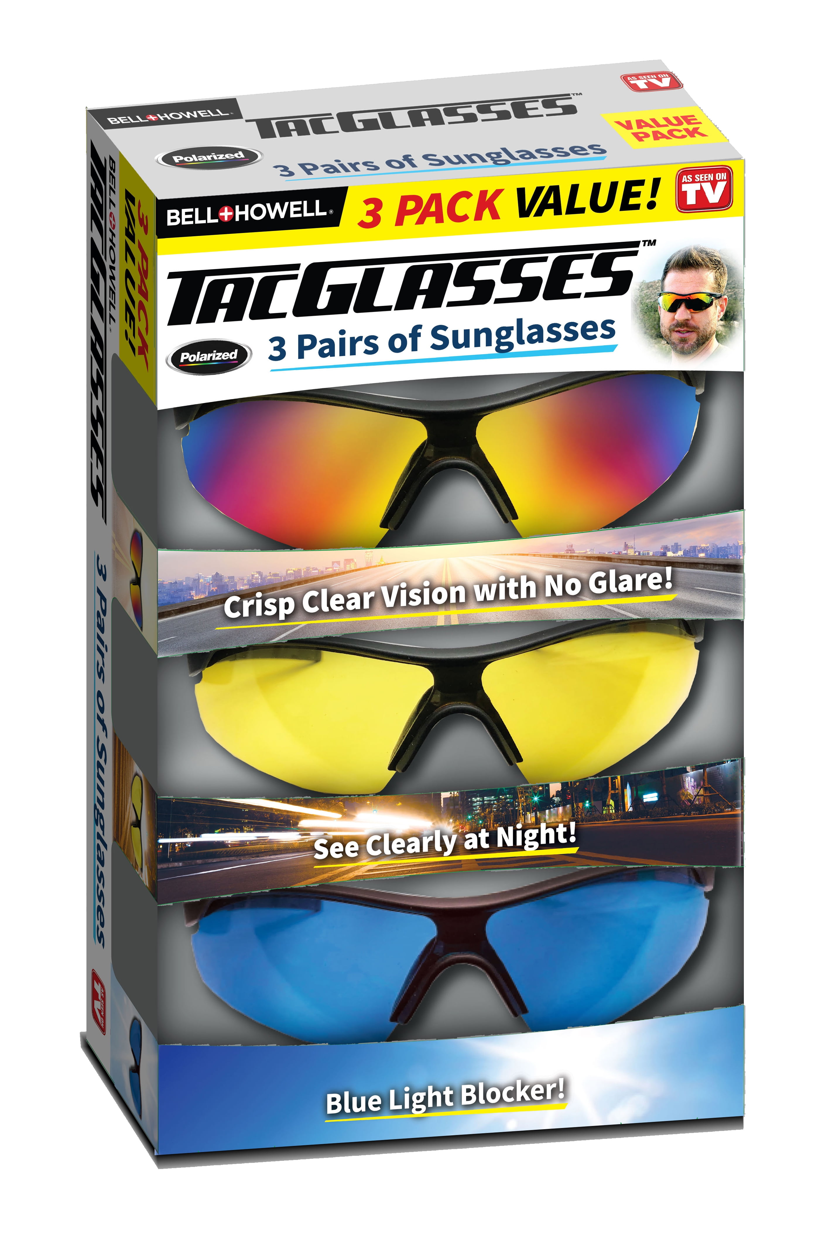 TacGlasses Polarized Glasses Day Glasses and Night Glasses for Crisp Clear Vision, Blue Light Blocker Glasses, Set of 3 - As Seen on TV