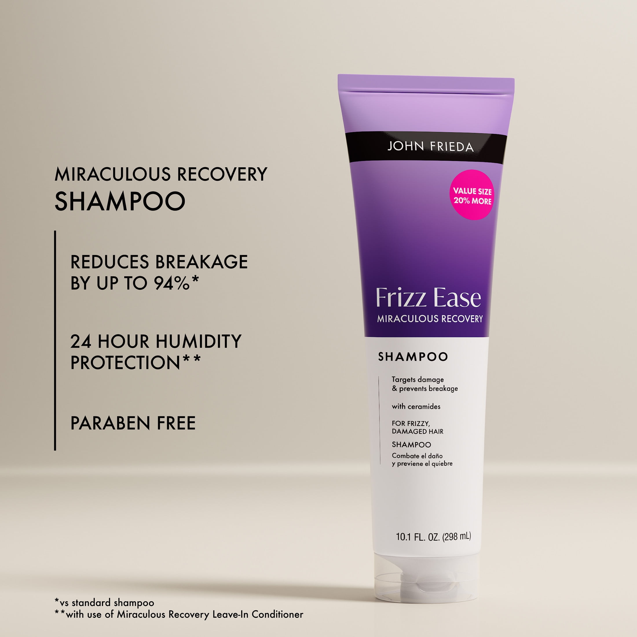 John Frieda Frizz Ease Miraculous Recovery Shampoo for Frizzy Hair, Anti-Frizz Shampoo, 10.1 fl oz