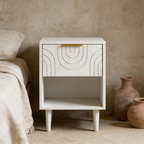 Modern Space-Saving Kids Nightstand White, Gold Handle Storage Drawer, Solid Wood Leg Bedside Table for Boys Girls Bedroom