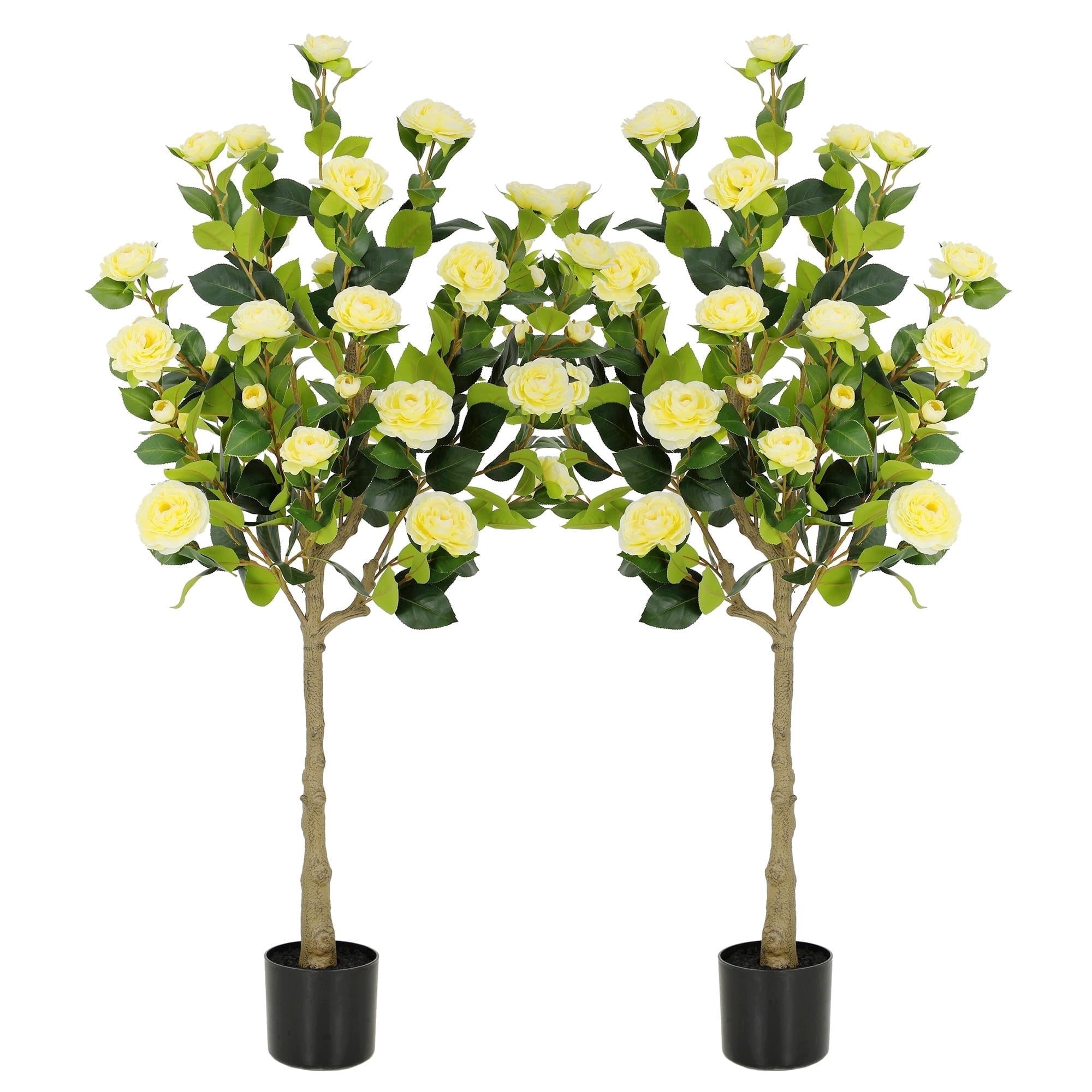 RosyHaven 4ft 2pack Artificial Camellia Tree with Realistic Yellow Flowers, 48"Lifelike Faux Flower Treewith Blooming Fake Flowers for Front Door Porch Patio Garden Yard Poolside Living Room Decor