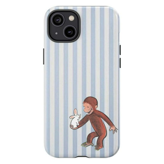 Adorable Curious Monkey with White Rabbit Phone Case, Cartoon Blue Striped iPhone Cover for iPhone 17 16 15 14 13 12 11 Plus Pro Max Mini