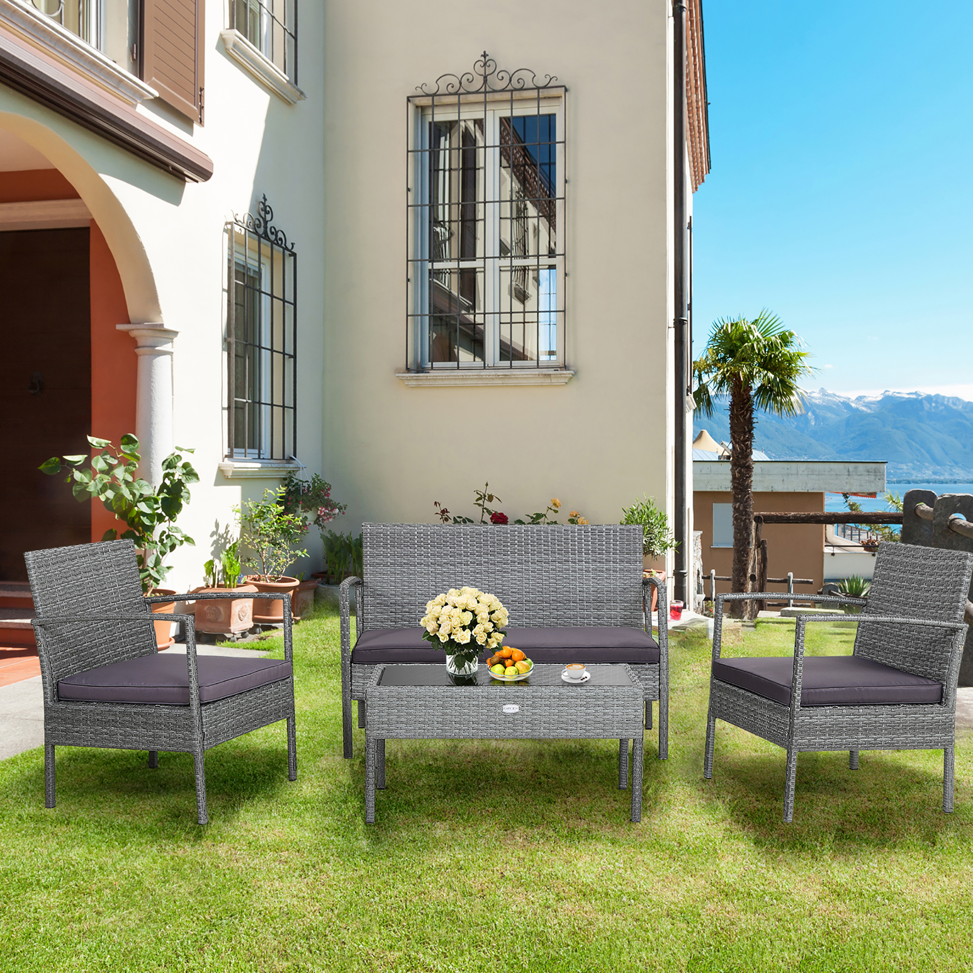 Costway 4 PCS Outdoor Rattan Furniture Set Patio Conversation Sofa Set Cushioned Grey