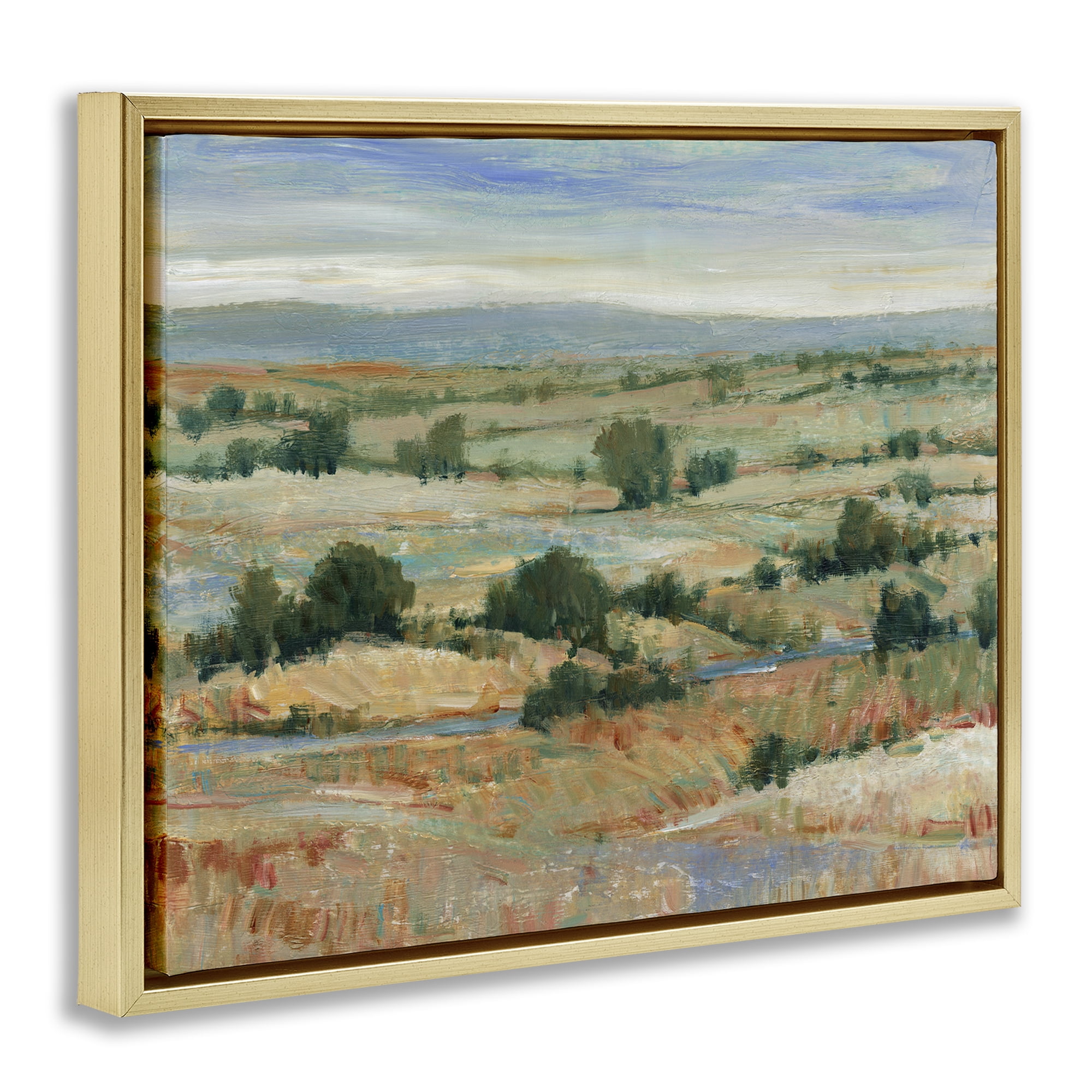 Stupell Industries Distant Farmland View Landscape & Nature Painting Gold Floater Framed Canvas Art Print Wall Art, 21 x 17