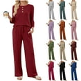 thumbnail image 2 of Women's 2 Piece Lounge Sets - Ribbed Knit Long Sleeve Henley Shirts & Straight Leg Pants Comfy Sweatsuit with Pockets, 2 of 9