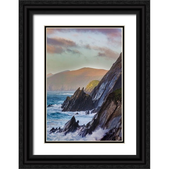Haney, Chuck 17x24 Black Ornate Wood Framed with Double Matting Museum Art Print Titled - Waves crash into cliffs on Dunmore Head with Blasket Islands on the Dingle Peninsula-Ireland
