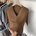 thumbnail image 4 of Pull Femme Manches Courtes Col en V Rayé Tricoté Ajusté Mode Coréenne Pull-Overs Hauts Fins 2024 Chemises de Base, 4 of 5