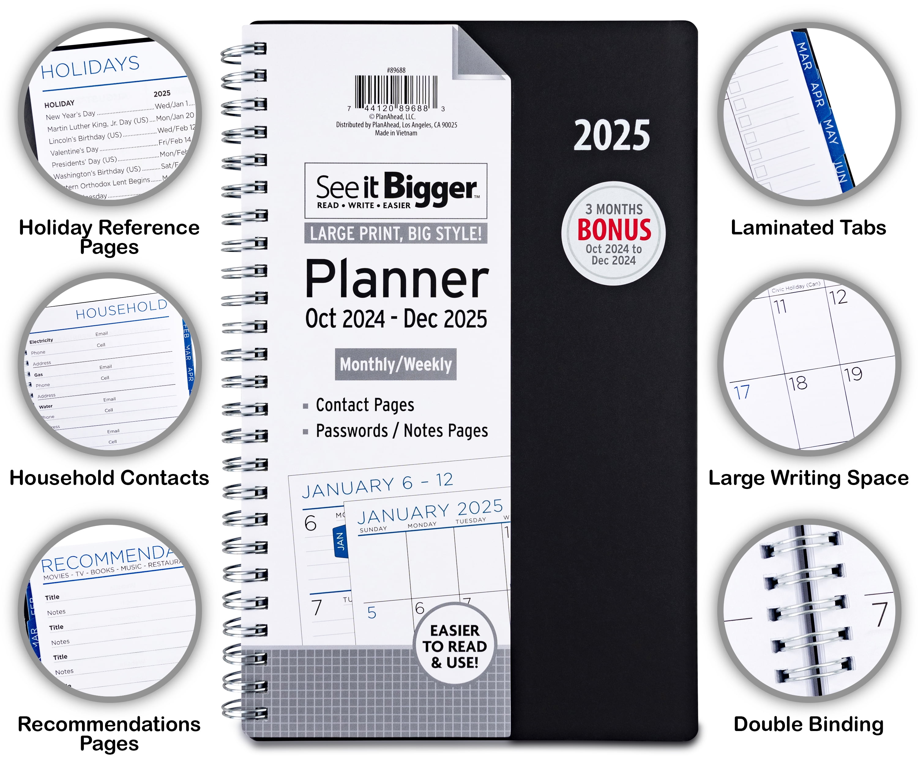 See it Bigger October 2024 - December 2025 Weekly Dated Planner (5.75"x 8.75") Black