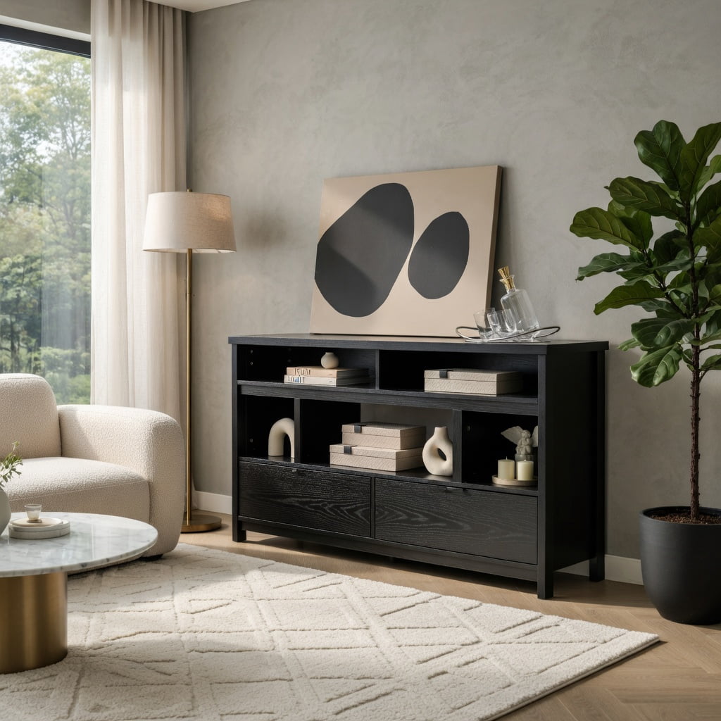 Demi Bonn TV Stand, TV Cabinet, 58 Inch TV Stand Entertainment Console Center with Adjustable Open Shelves, Media Entertainment Center with Storage, for Living Room, Bedroom, Black