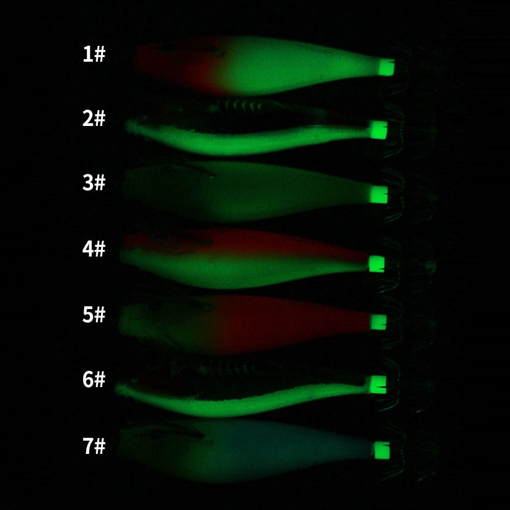 7PCS Glow Squid Jig Shrimp Lures Fishing Bait Hook Octopus 9.5cm/10g Saltwater