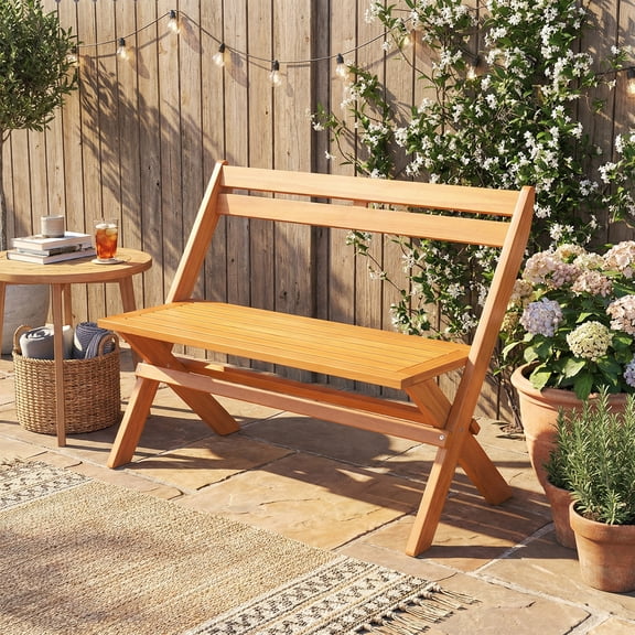 ELLEGNT Foldable Garden Loveseat – Acacia Wood Outdoor Bench for Two, Perfect for Patios