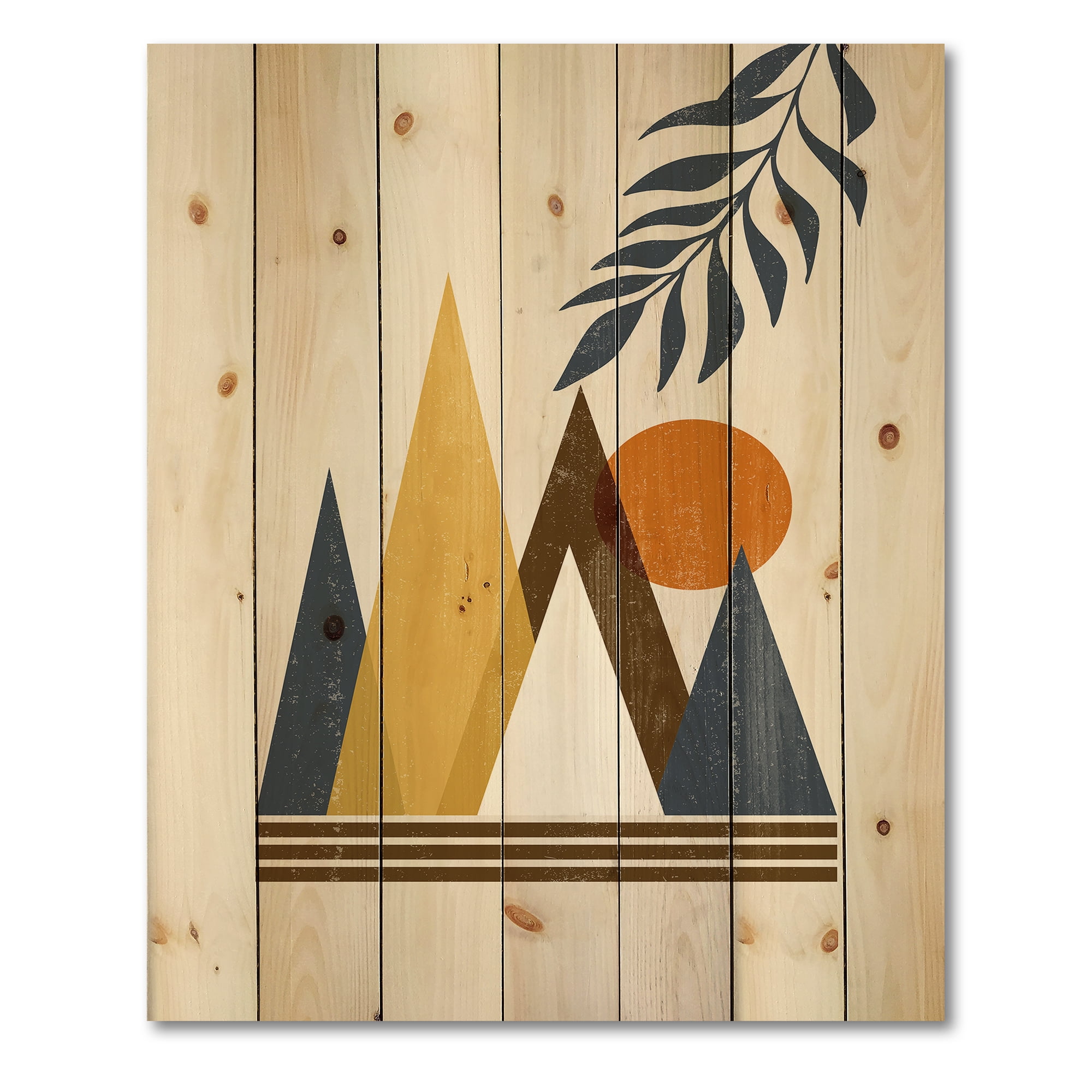 Designart 'Abstract Moon and Sun In Mountains I' Modern Print on Natural Pine Wood