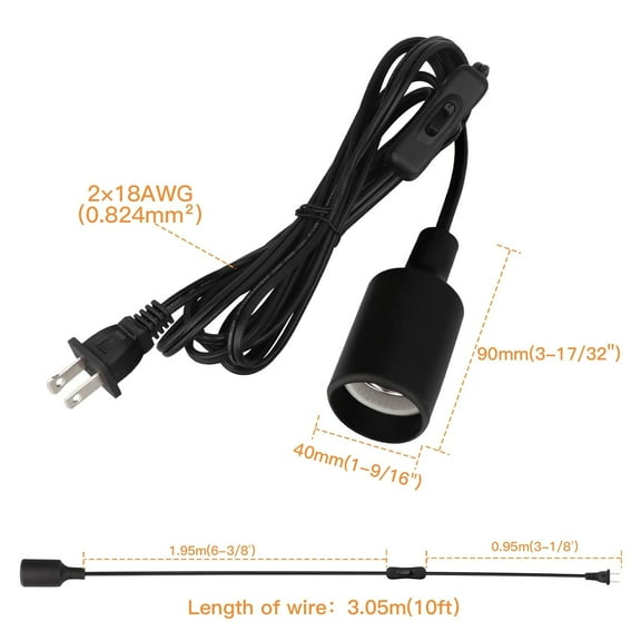 GHRTGR-2 Pack Pendant Light Cord Socket, 10ft E26 Hanging Lamp Socket with ON Off Switch, E27 Base Black Lantern Extension Cord Cable Lights Bulb Socket with Plug Lamp Fixture Ceiling Lighting Kit
