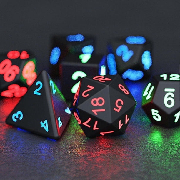 Juego de 7 dados poliédricos luminosos para adultos, ideales para juegos de rol y D&D. Incluye caja de carga.