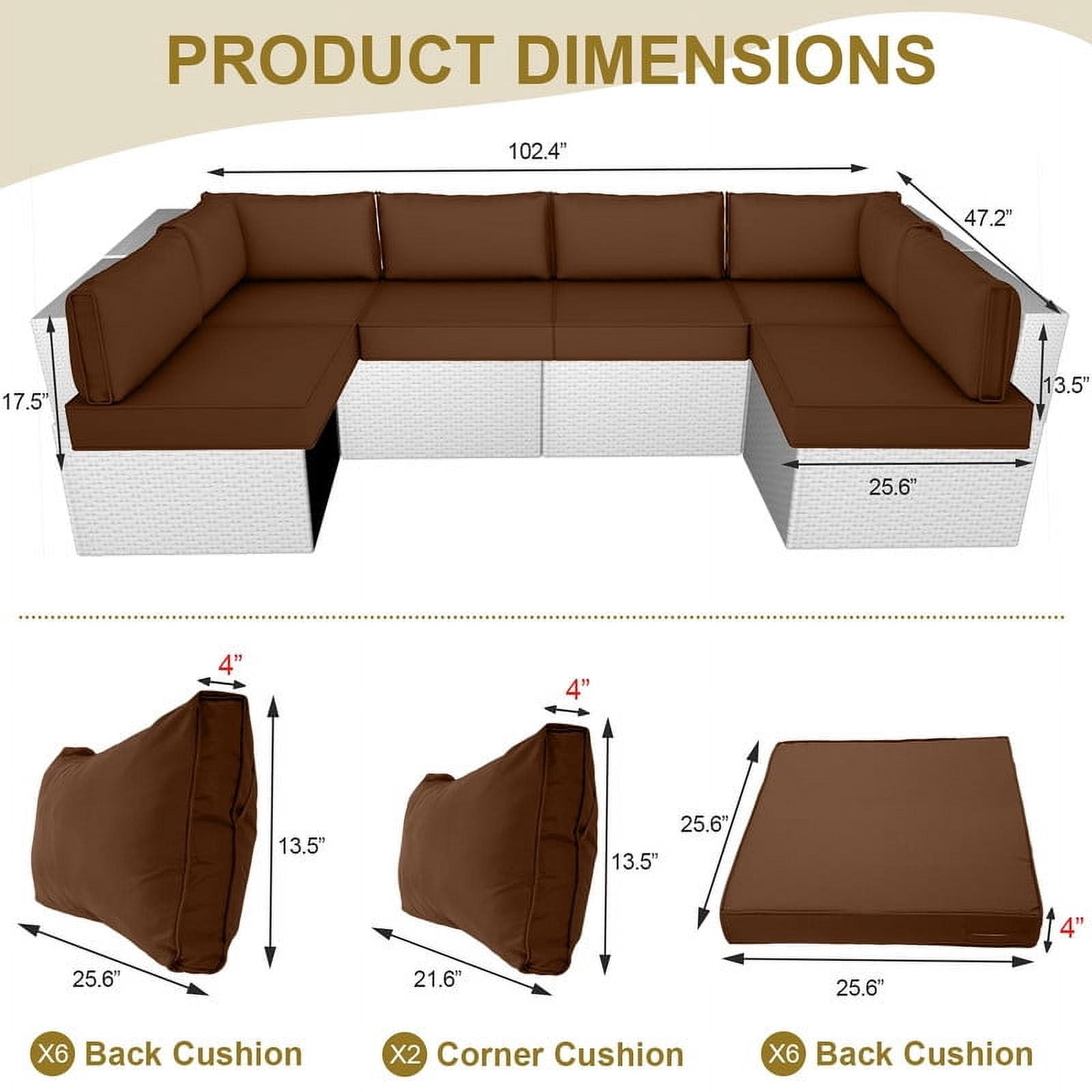 Outdoor Replacement Cushions for Patio Furniture,14-Piece Patio Water-Resistant Replacement Sofa Cushions Fits 6-seat Sectional Rattan Conversation Set,Liner&Cover