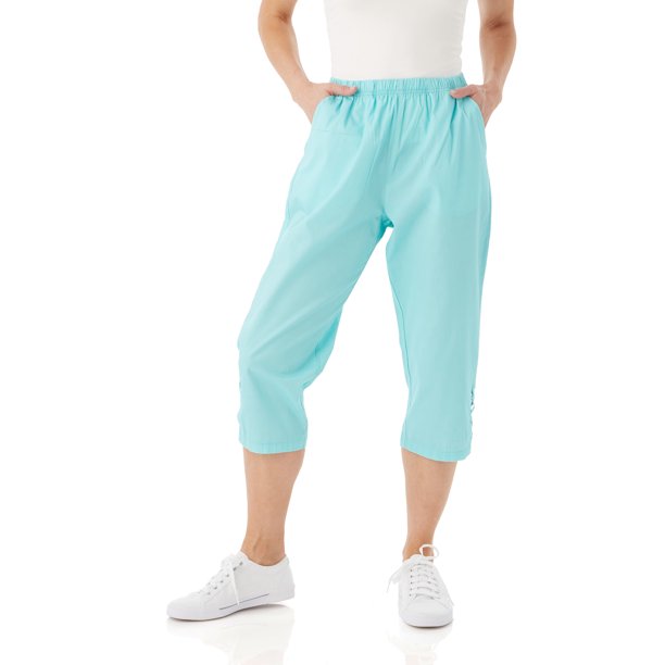AmeriMark Women s Lattice Hem Capris 100 Cotton Pants With Elastic Waist Seaglass 08P 