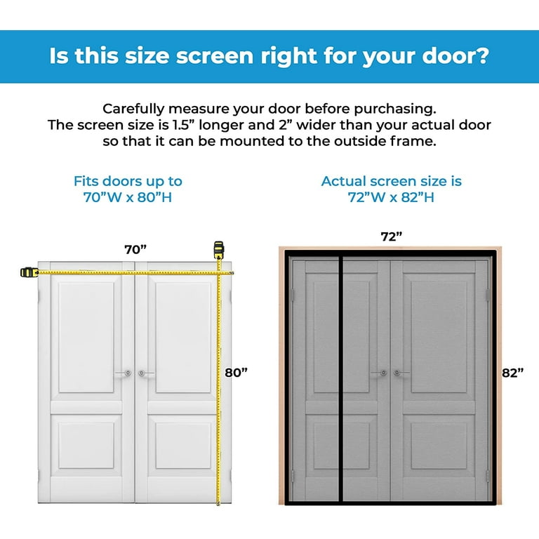 Fenestrelle Magnetic Screen Double Door - 72W x 82H. Black Trim. Fits  Doors Up to 70W x 80H. for French and Sliding Doors. Self Closing  Magnetic Seal. Heavy Duty Flame Resistant Fiberglass