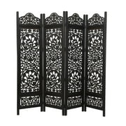DecMode 80" x 72" Black Wood Floral Handmade Foldable Partition Carved 4 Panel Room Divider Screen, 1-Piece