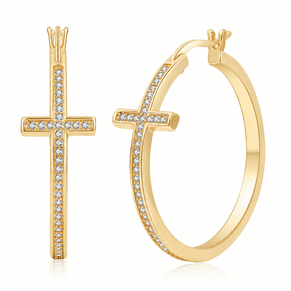 YOUNGYUE 14K Gold Plated Cross Hoop Earrings for Women, Hypoallergenic Rhinestone Lightweight Earrings, Jewelry Gifts