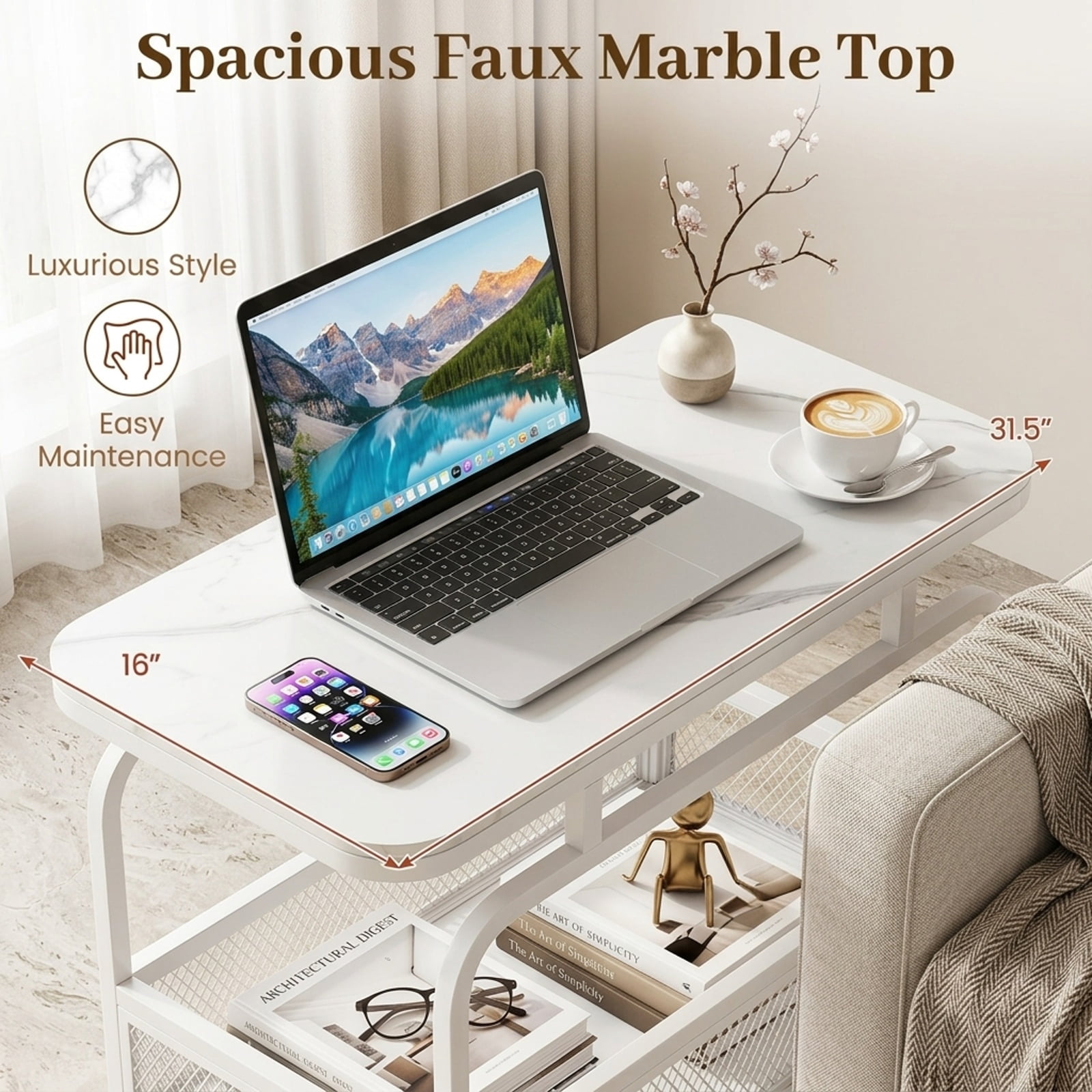Furnibear Rolling Side Table 2 Tier Narrow End Table with Faux Marble Top and Mesh Storage Basket for Living Room Bedroom and Sofa Side, White