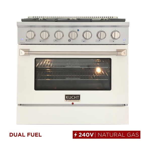 36 in. 5.2 cu. ft Dual Fuel Range for Natural Gas Sealed Burners in White.