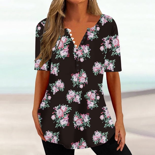 ICHUANYI Clearance Women Fashion Casual Printing Shirts Short Sleeve Loose Tee Tops Tunic Blouse(Black, M) ICHUANYI WER2023081501386