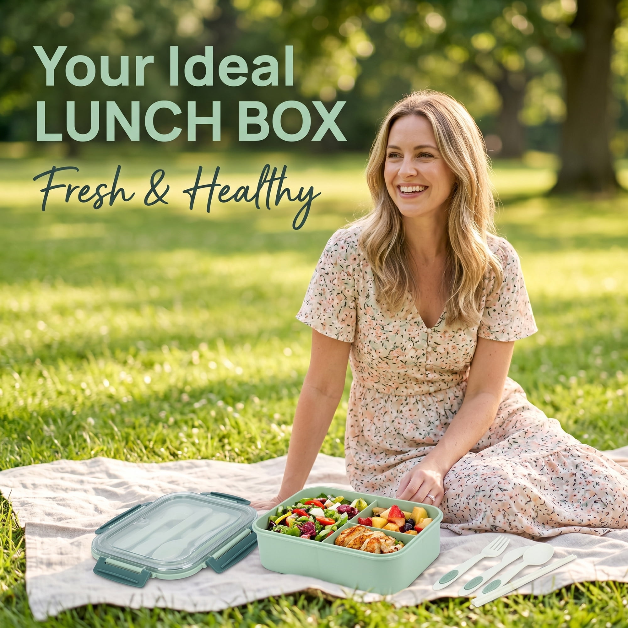 Unique Bargains 3-Compartment Leak-Proof  Lunch Bento Box with Utensils Mint Green-1
