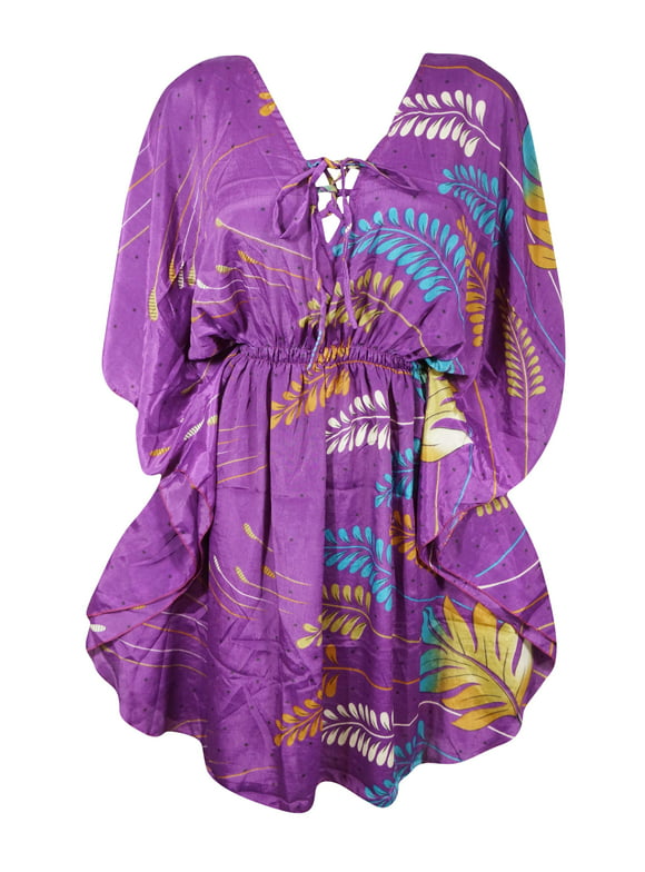 Mogul Womens Summer Short Kaftan Purple Printed Caftan M-XL