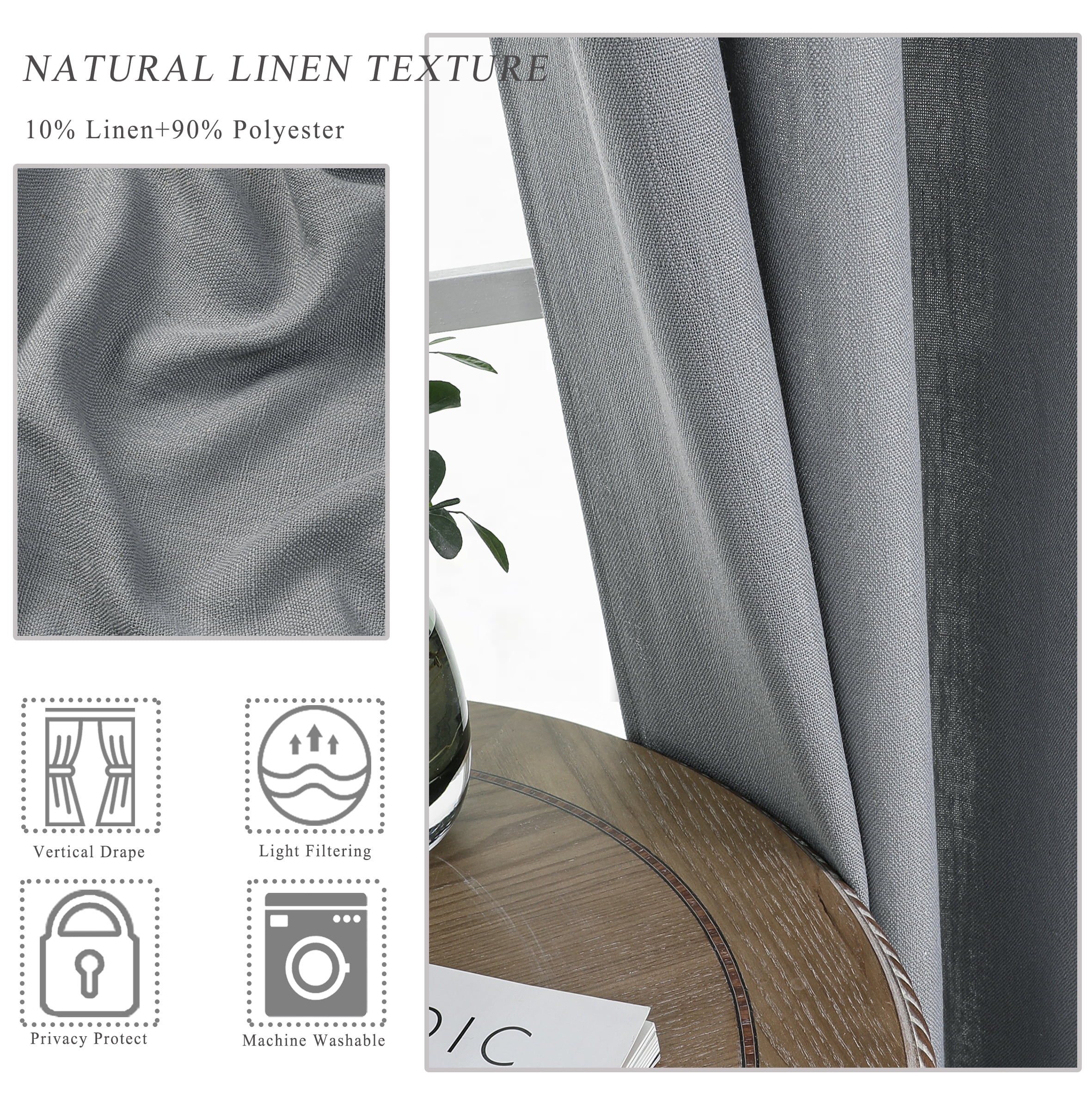 AZZCIA Grey Linen Blend Light Filtering Grommet Curtain Panels for Bedroom, 2 Panels, 54"W x 84"L