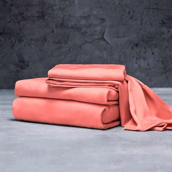 Mulberry Silk Satin Sheet Set - 4 Pc (1 Flat Sheet, 1 Fitted Sheet, 2 Pillowcases) - Smooth Bedding for Queen/King Bed - Wrinkle-Resistant, 15" Deep Pockets, Breathable & Cooling.(Flamingo,QUEEN)
