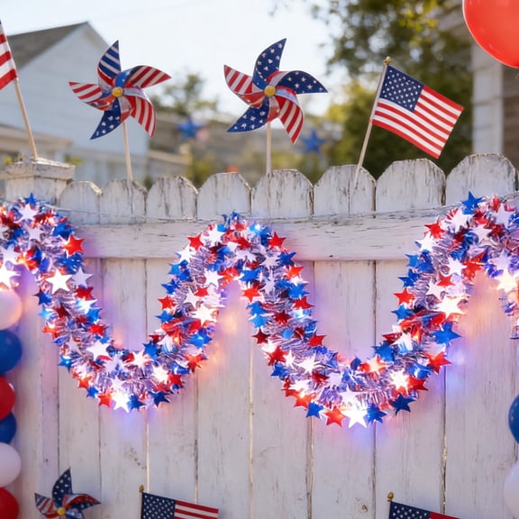 DAMAI 19.7 FT Patriotic Glitter Tinsel Garland Decoration, Red White Blue Star Metallic Tinsel Twist Garland, 4th of July Decor Parade Golf Cart Shiny Tinsels for Indoor Outdoor Party Supplies