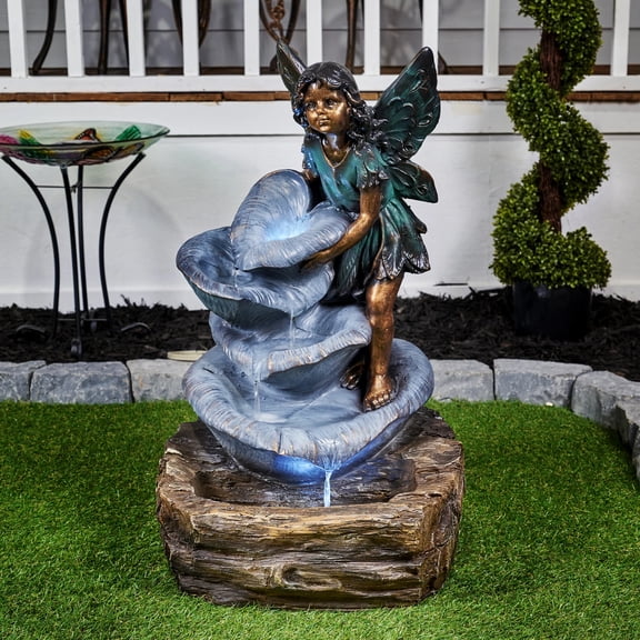 Hi-Line Gifts 31" LED Lighted Fairy on the Rock Five-Tier Outdoor Garden Water Fountain