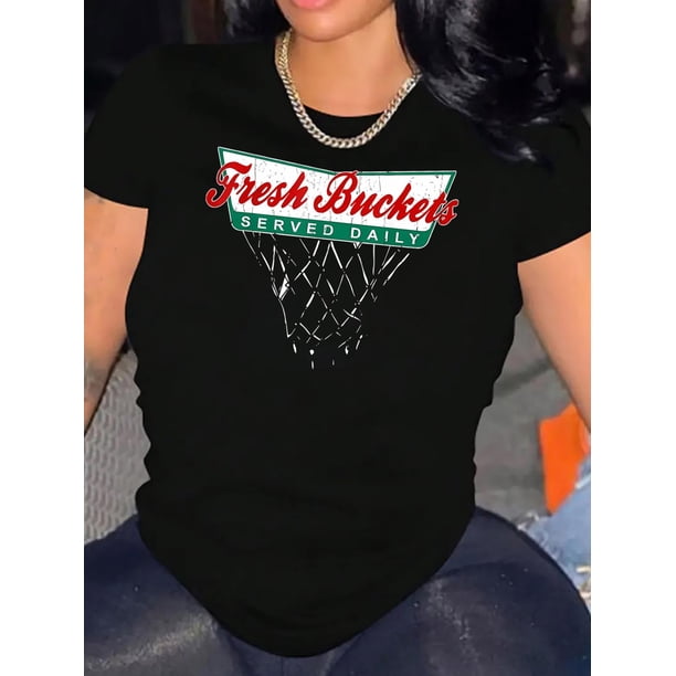 1pc Fresh Buckets Served Daily Graphic Print T-Shirt for Women, Casual Round Neck Short Sleeve Tee, Polyester Stretch Fabric, Geometric Basketball Hoop Design, All-Season Comfort