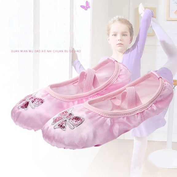 ETEREAUTY Pink Embroidered Ballet Shoes with Suede Split Sole and Stretch Belt for Yoga and Dance