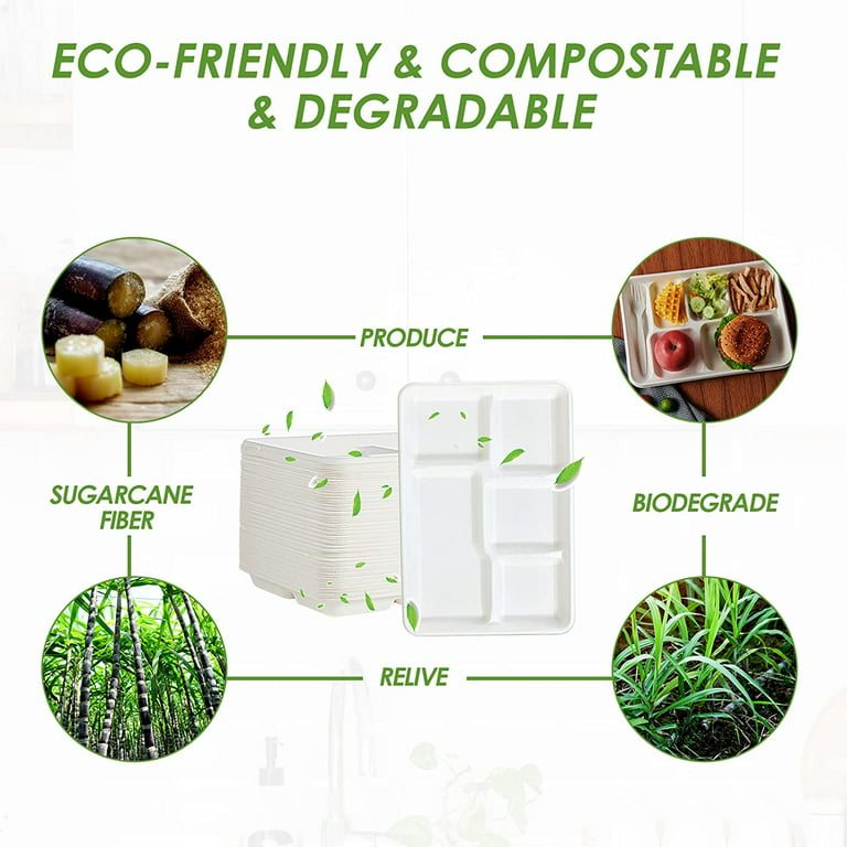 Comfy Package 100% Compostable 5 Compartment Plates [125 Pack] Eco-Friendly Disposable Sugarcane 10 inch Paper Trays