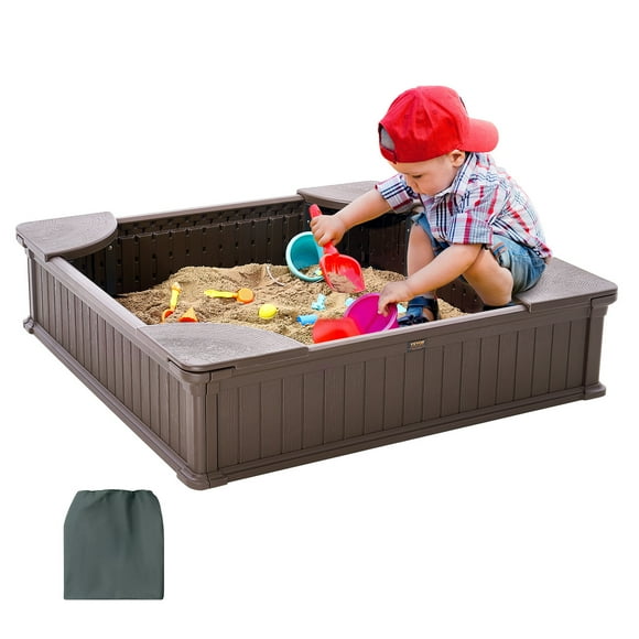 VEVOR Sandbox with Cover, 48.6x48.6x12.4 in Square Sand Box, HDPE Sand Pit with 4 Corner Seating and Bottom Liner.