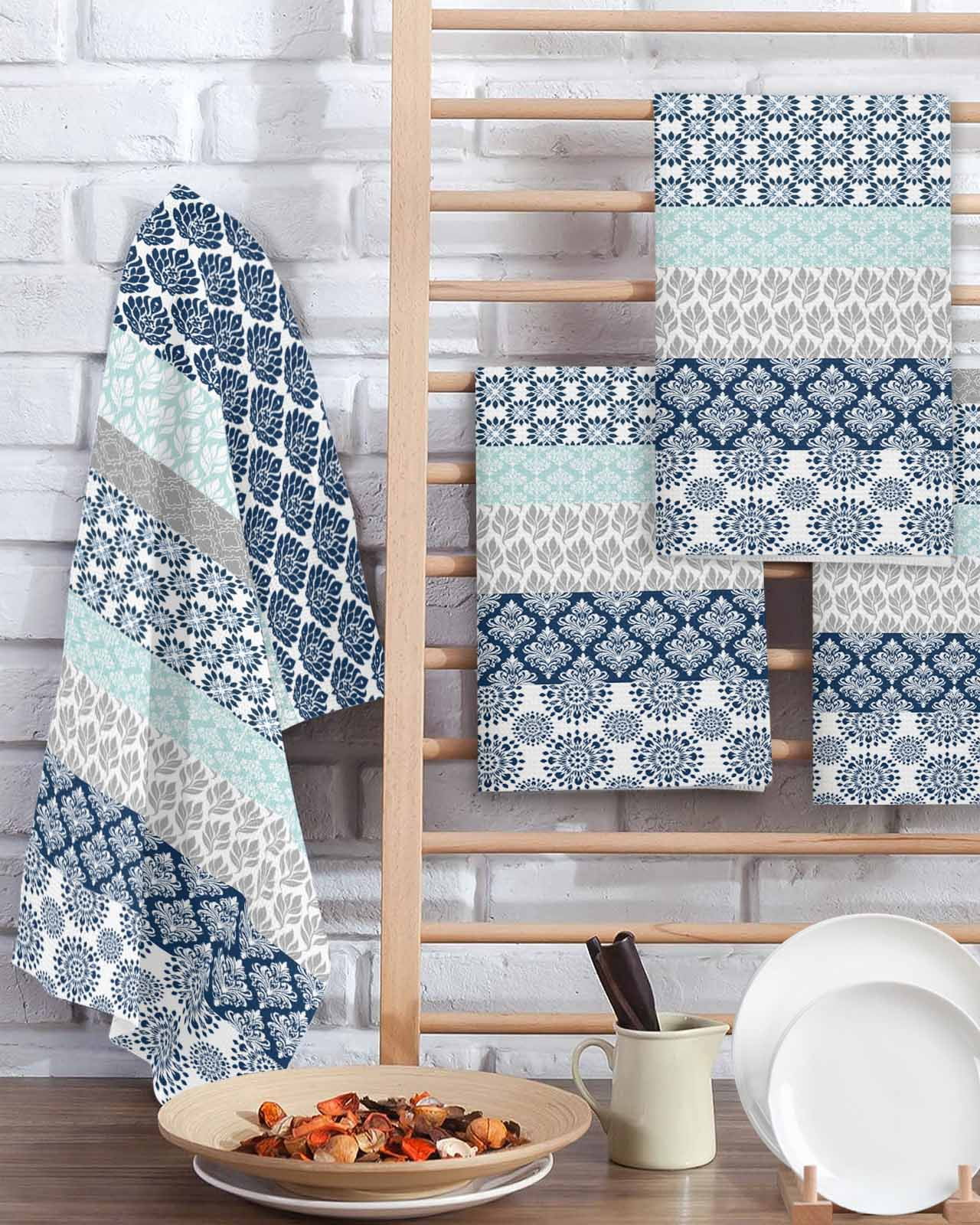 Boho Blue Aqua Kitchen Dish Towels for Drying Dishes Set of 4, Geometric Stripes Tribal Bohemia Retro Waffle Weave Microfiber Terry Hand Tea Bathroom Towels Quick Dry & Absorbent Towel 15.7x23.6