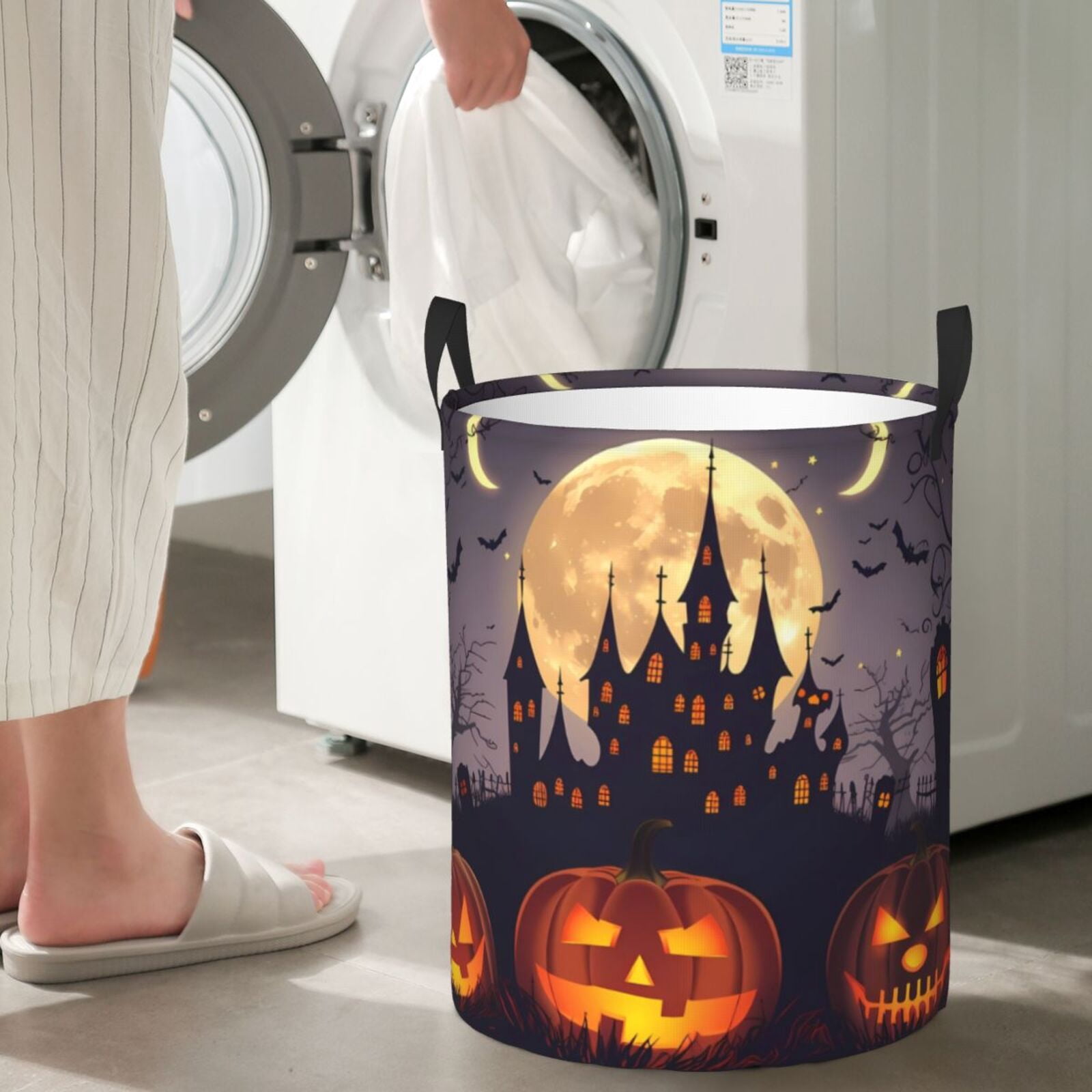 Large Laundry Basket with Handles - Halloween Haunted Pumpkin Castle Kids Baby Dirty Clothes Laundry Hamper for Bedroom Aesthetic