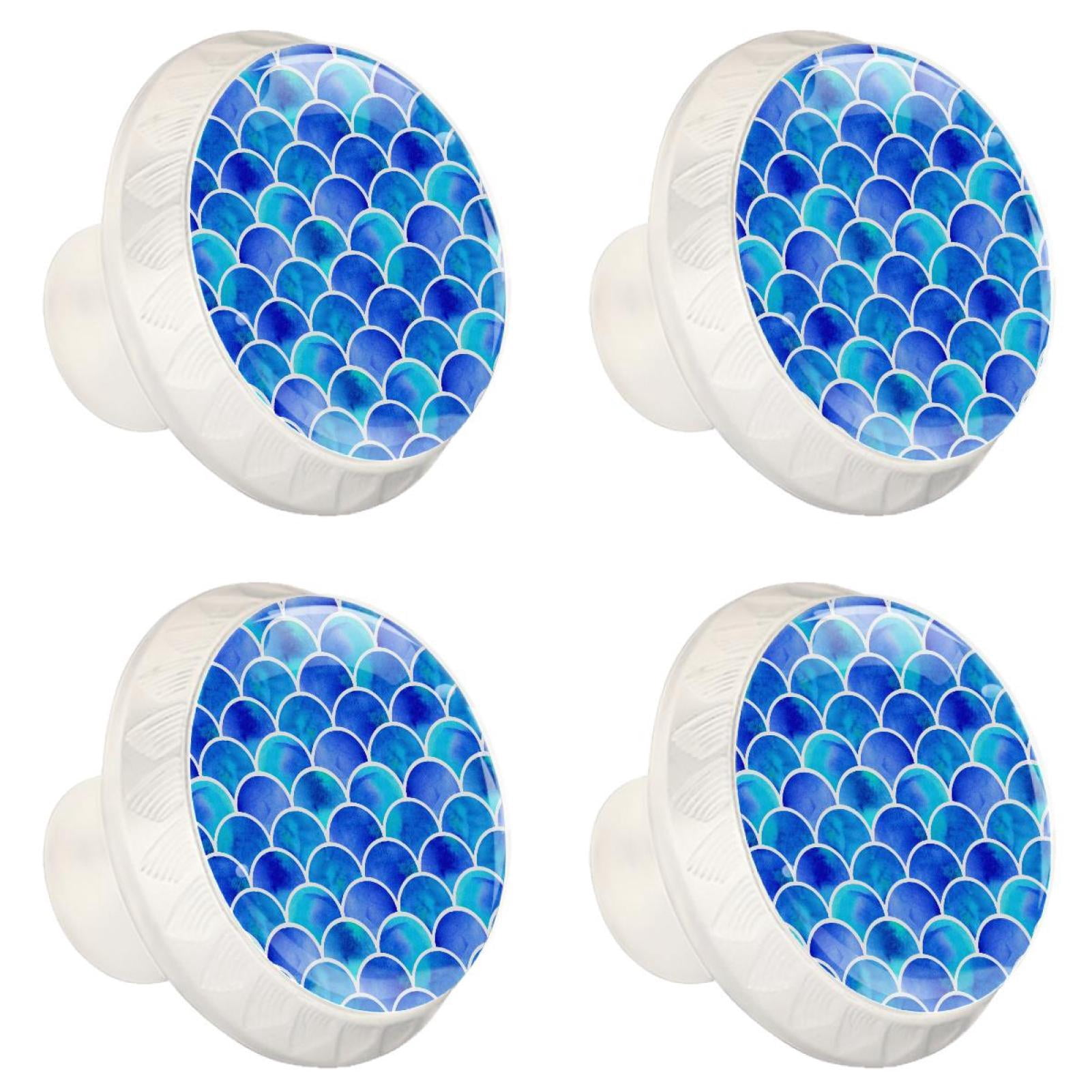 4 Pcs Mermaid Scale Blue Knobs for Kitchen Cabinet Cupboard Dresser Bookcase Drawer Pulls Handles Round Home Decor