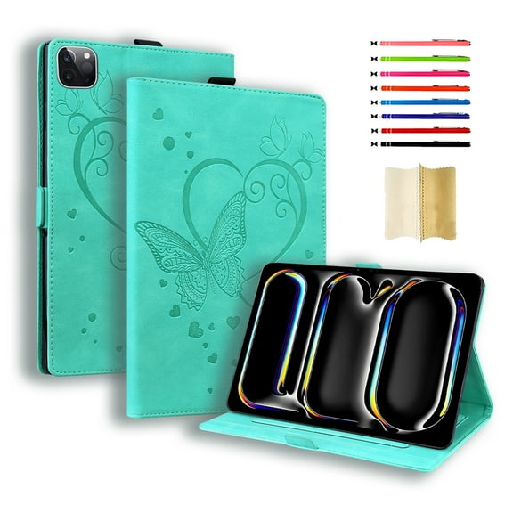 Case for iPad Pro 11 Inch M4 2024 / iPad Pro 11 Inch M5 2025, Embossed Pattern PU Leather Card Slots/Stylus Slot Folding Stand Anti-Scratch Full Body Protection Case, Green