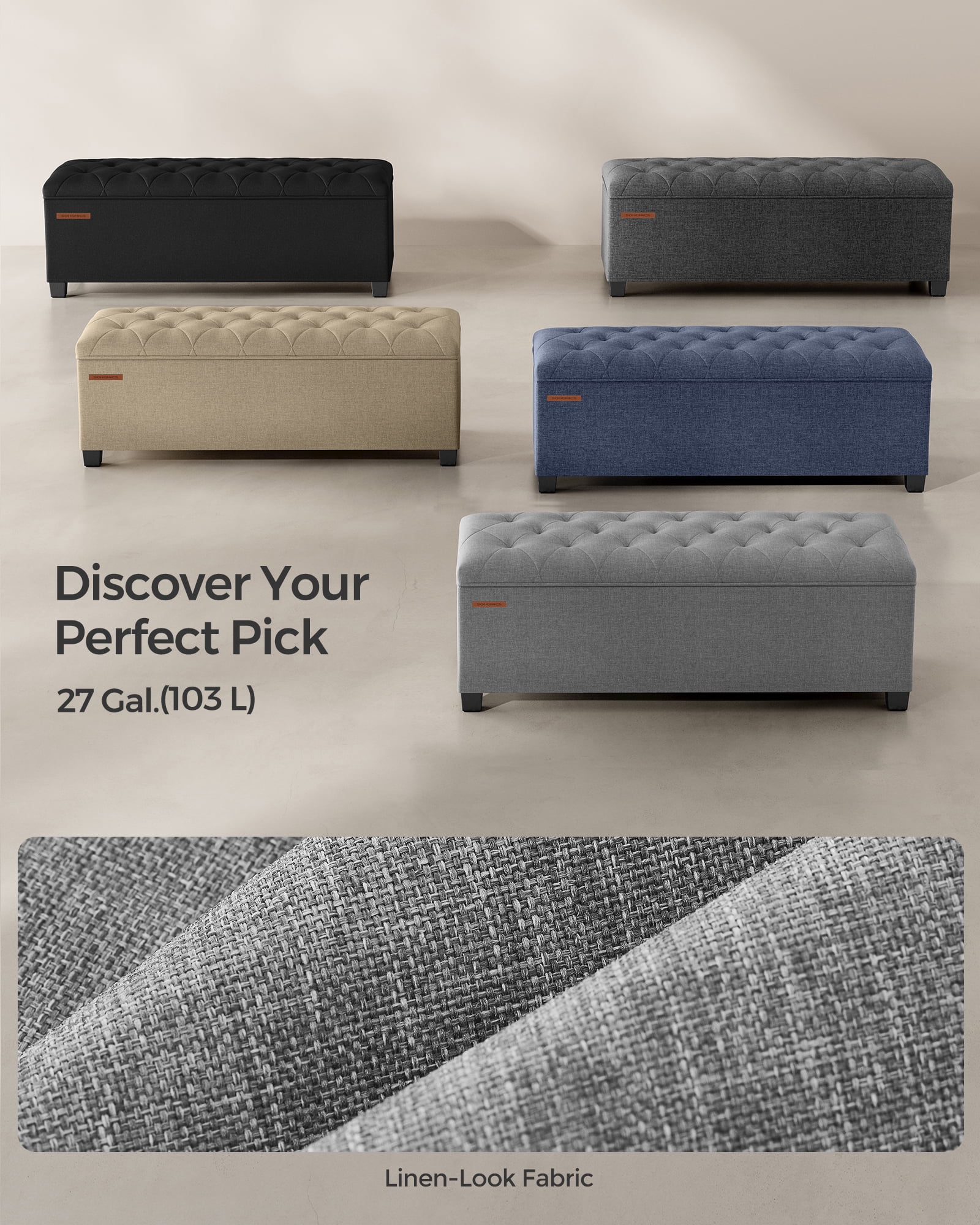 SONGMICS 43.3" Storage Ottoman Bench, Foot Rest with Legs, Ottoman with Storage, Rectangle End of Bed Bench, Storage Chest, Load up to 660 lb, Study