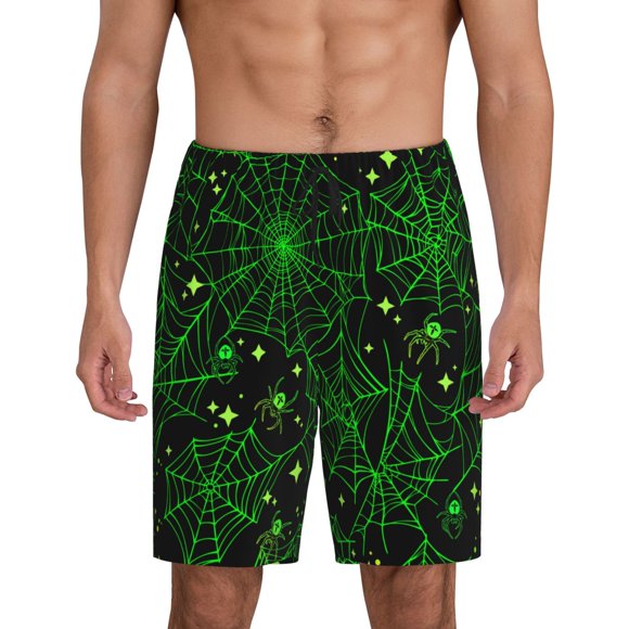 Gaeub Green Bright Web with Spiders Print Men's Pajama Shorts,Sleep Shorts for Men,Pajama Bottom Pants,Men Pjs Bottoms pants with Pockets-X-Large
