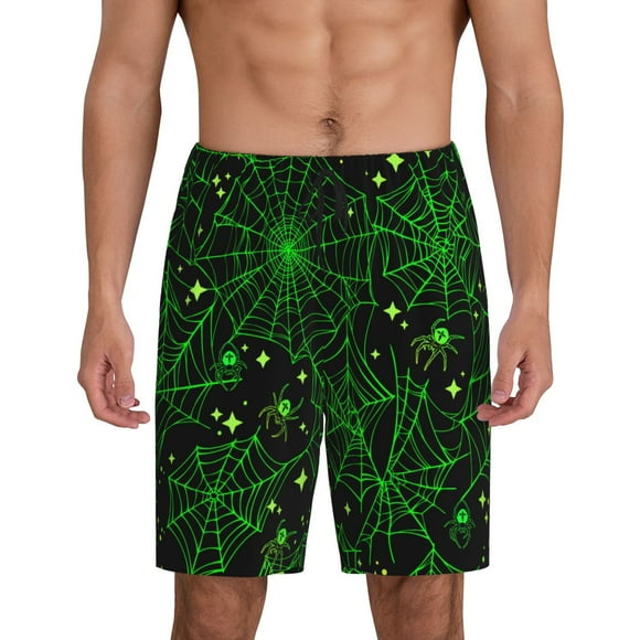 Gaeub Green Bright Web with Spiders Print Men's Pajama Shorts,Sleep Shorts for Men,Pajama Bottom Pants,Men Pjs Bottoms pants with Pockets-X-Large