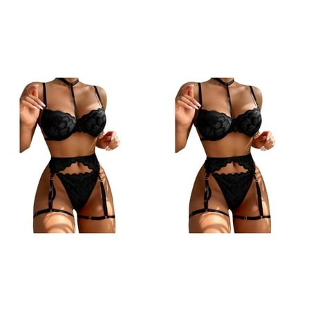 Wijhcboe 2 Pack Women Plus Size Underwire Lingerie Set 3 Piece Underwear Bowknot Floral Lace Lingerie Underwear Sleepwear Steel Ring Pajamas Garter Lingerie Set With Garter Belt Unlined Lace Bra Set