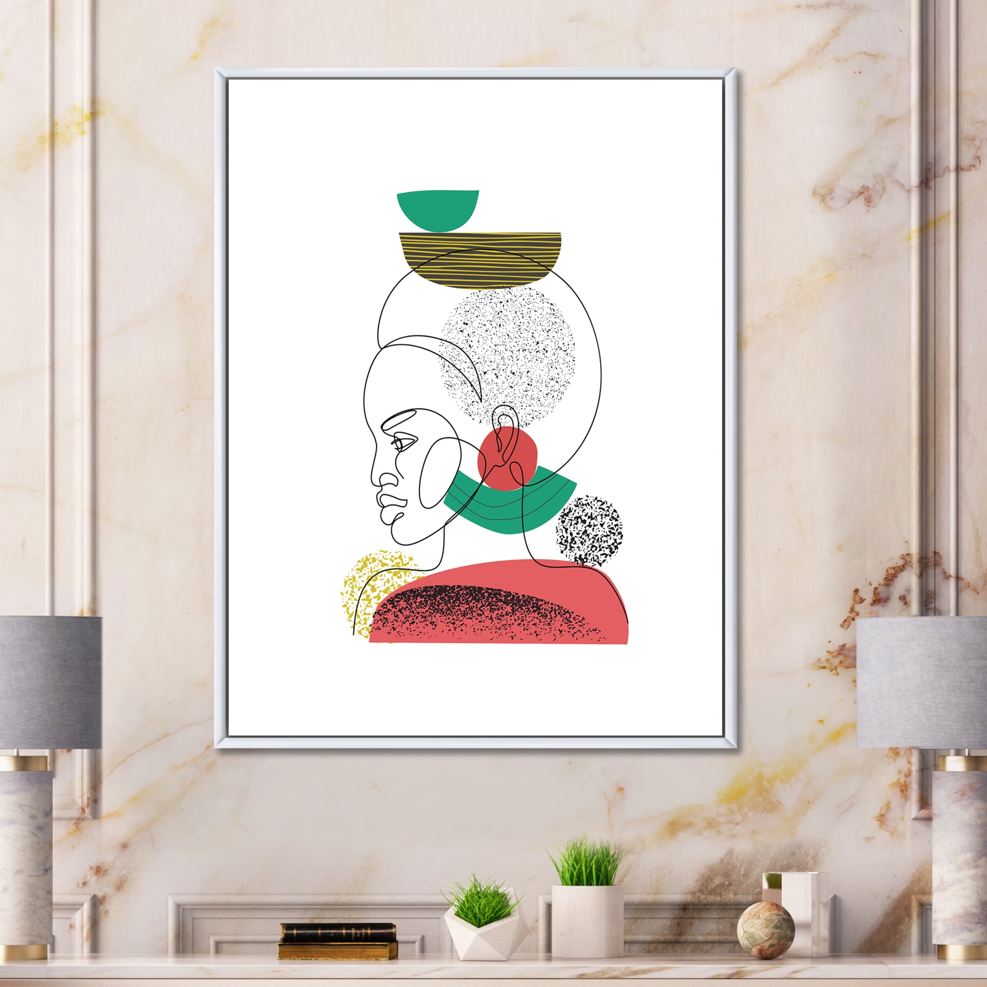 Designart 'One Line Portrait of Afro American Women VI' Modern Framed Canvas Wall Art Print
