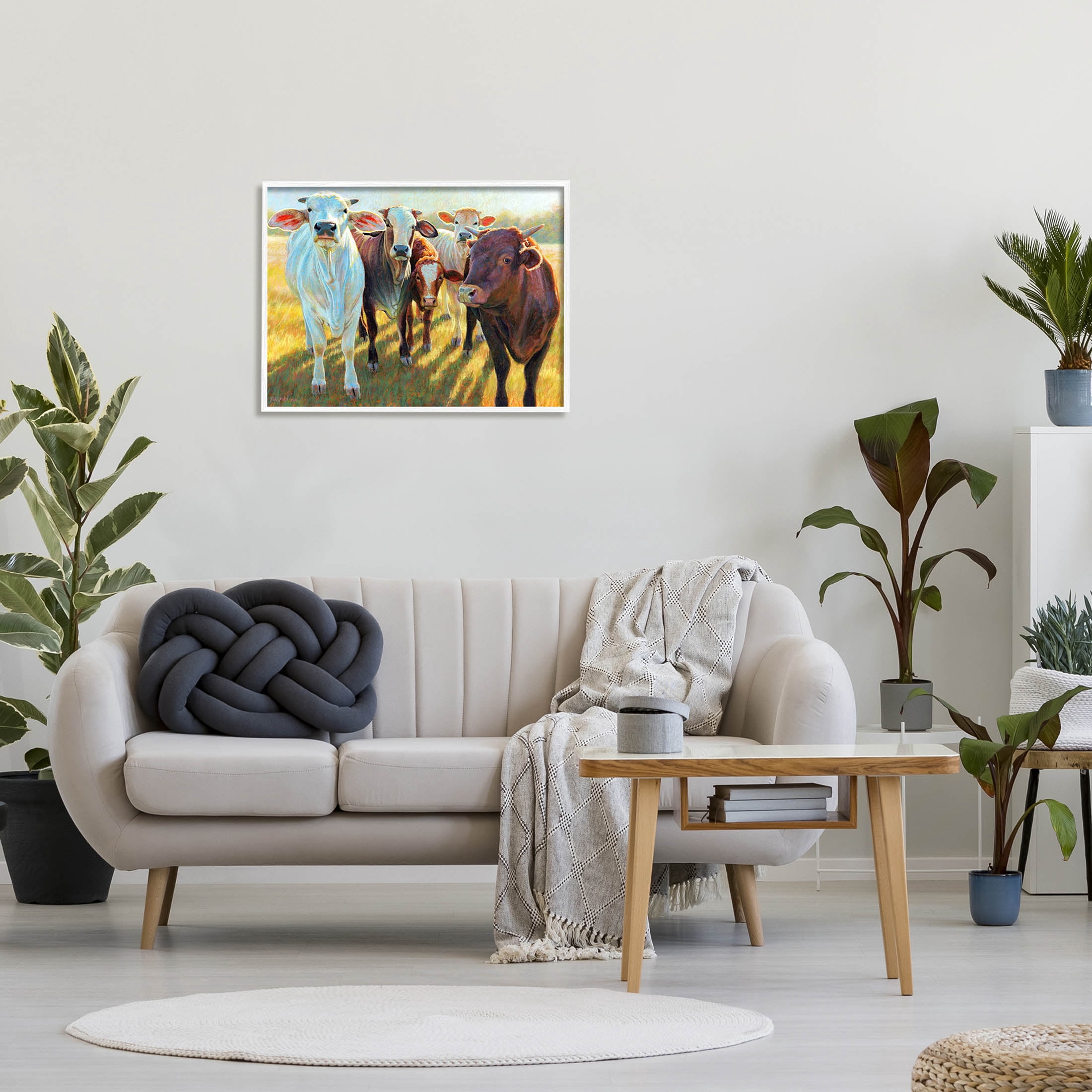Various Cattle Sunny Farmland Field Animals & Insects Painting White Framed Art Print Wall Art