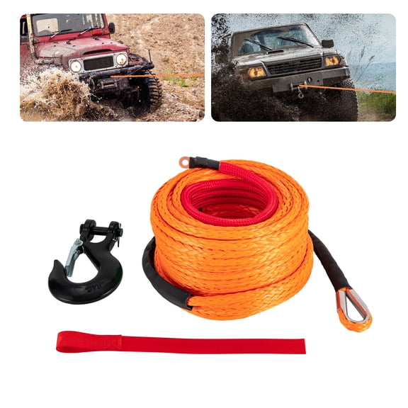3/8x100ft Synthetic Winch Rope with Hook, Winch Cable w/Protective Sleeve Orange