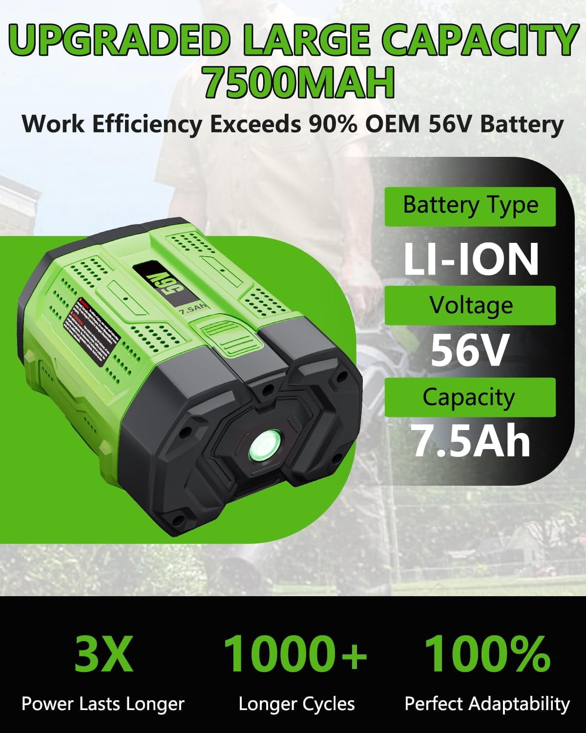 2pack 7.5Ah Replacement for EGO 56 Volt Lithium-ion Battery BA1400T BA2800 BA2800T BA4200 BA4200T Compatible with EGO 56V Power Tools Lawn Mower Leaf Blower Chainsaw