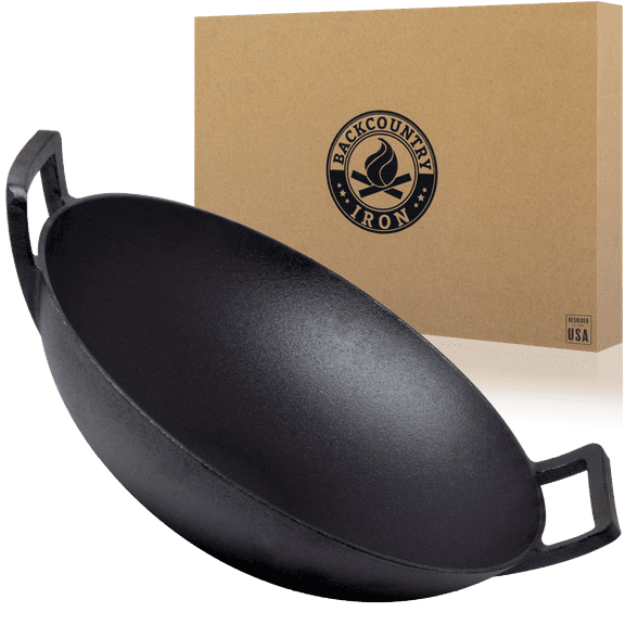 Backcountry Iron 14 inch Cast Iron Wok with Flat Base and Handles